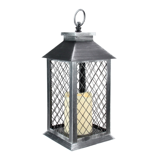 11" Silver Brushed Black Mesh Candle Lantern with Flameless LED Candle