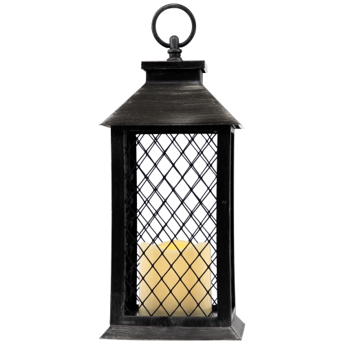 11" Silver Brushed Black Mesh Candle Lantern with Flameless LED Candle