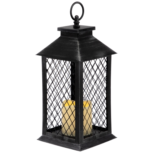 11" Silver Brushed Black Mesh Candle Lantern with Flameless LED Candle