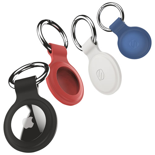 Porte-clés protecteur en silicone de Scosche pour AirTag - Ensemble de 4 - Noir/Rouge/Blanc/Bleu