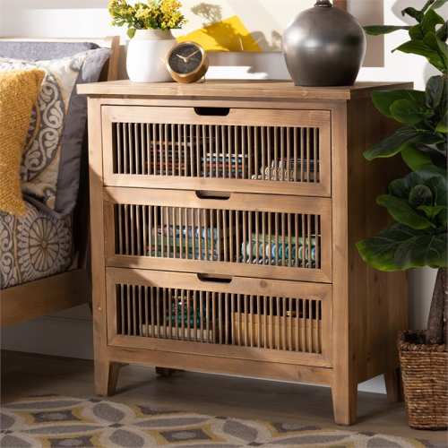 Bowery Hill Medium Oak Finished 3-Drawer Wood Spindle Chest