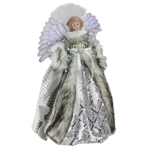 16" Lighted Fiber Optic Angel in Silver Gingham Coat Christmas Tree Topper