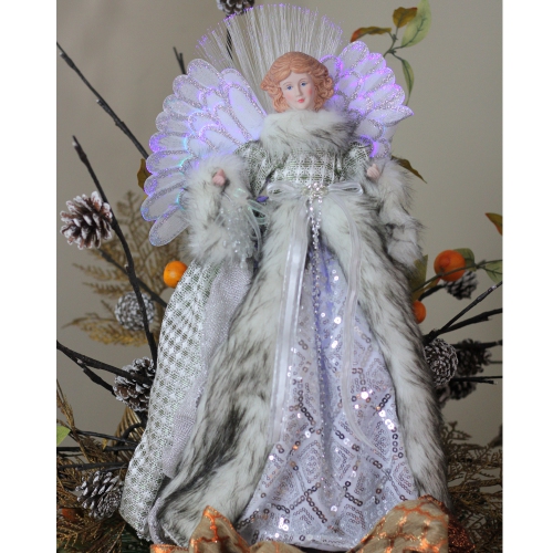 16" Lighted Fiber Optic Angel in Silver Gingham Coat Christmas Tree Topper