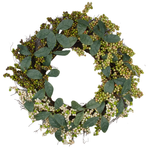 Berries and Leaves Twig Artificial Wreath, Green 24-Inch