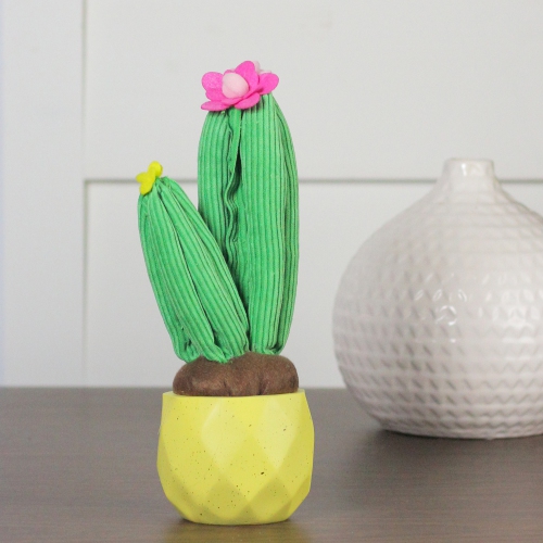 10.5" Green and Yellow Potted Artificial Plush Dual Cactus Tabletop Decor