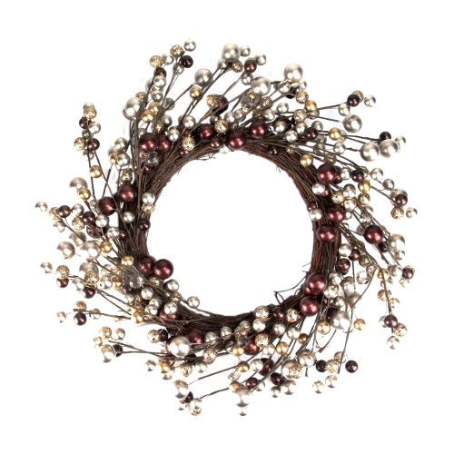 Burgundy and Silver Ball Christmas Ornament Twig Wreath, 20-Inch, Unlit
