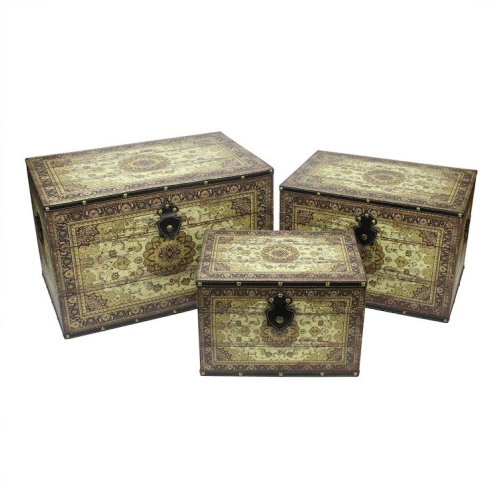 Ensemble de 3 boîtes de rangement décoratives en bois au ton oriental, brun et crème, 22 po