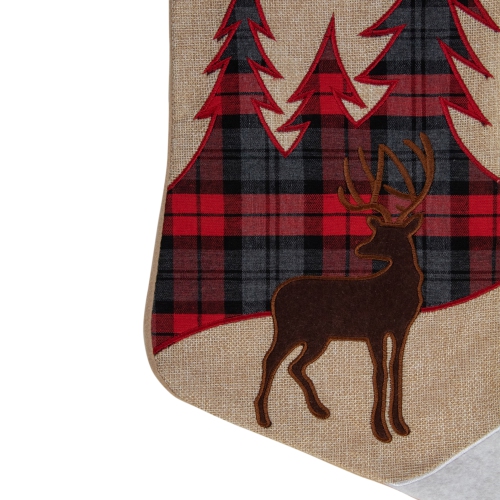 19" Beige and Red Plaid Reindeer With Forest Trees Christmas Stocking