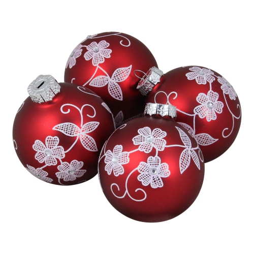 Boules de Noël à motif floral rouge et blanc, 4 unités, 3.25 po