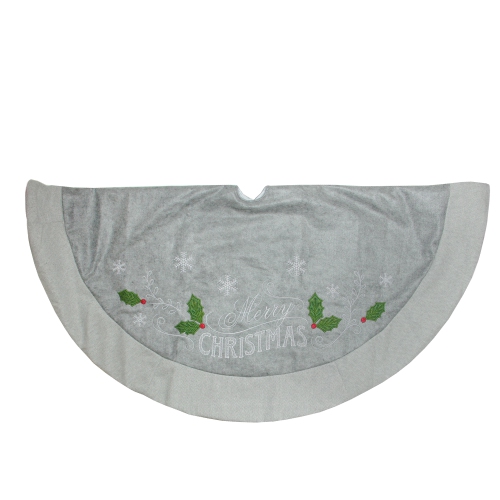 48" Gray and Green 'Merry CHRISTMAS' Mottled Tree Skirt with Herringbone Bordered Trim