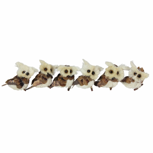 Set of 6 Brown and Ivory Sisal Owls Christmas Ornaments, 2.25"