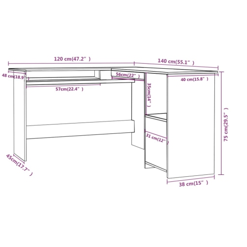 vidaXL L-Shaped Corner Desk Sonoma Oak 47.2"x55.1"x29.5" Chipboard