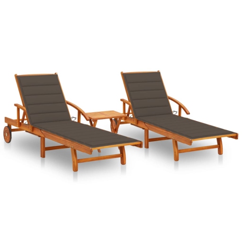 vidaXL Sun Loungers 2 pcs with Table and Cushions Solid Acacia Wood