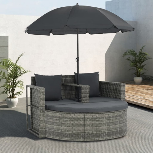 VIDAXL  2 Seater Patio Sofa With Cushions And Parasol Poly Rattan In Gray