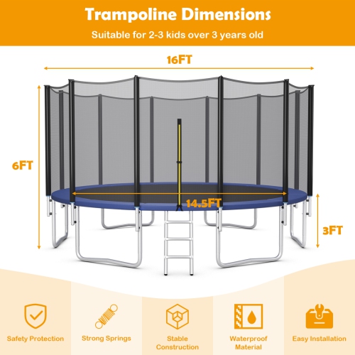 Topbuy 8ft 10ft 12ft 14ft 15ft 16ft Trampoline with Safety Enclosure Net & Spring Pad Jumping Mat