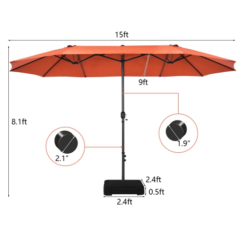 Patiojoy 15FT Double-Sided Twin Patio Umbrella with Base Extra-Large Market Umbrella Beige/Coffee/Grey/Orange/Turquoise/Wine