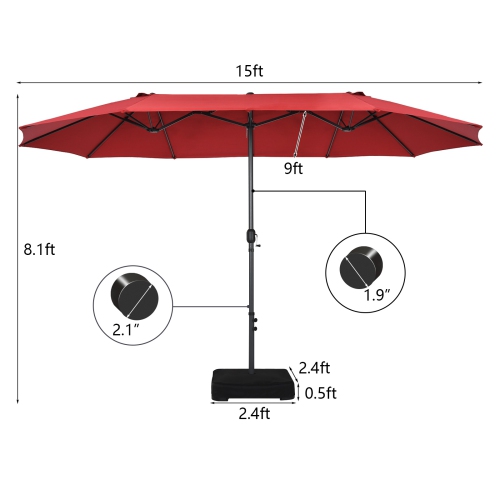 Patiojoy 15FT Double-Sided Twin Patio Umbrella with Base Extra-Large Market Umbrella Beige/Coffee/Grey/Orange/Turquoise/Wine