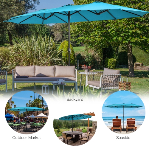 Patiojoy 15FT Double-Sided Twin Patio Umbrella with Base Extra-Large Market Umbrella for Outdoor