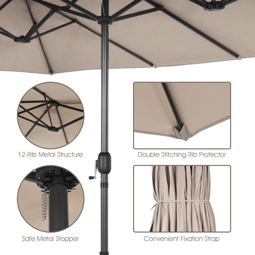 Patiojoy 15FT Double-Sided Twin Patio Umbrella with Base Extra-Large Market Umbrella Beige/Coffee/Grey/Orange/Turquoise/Wine