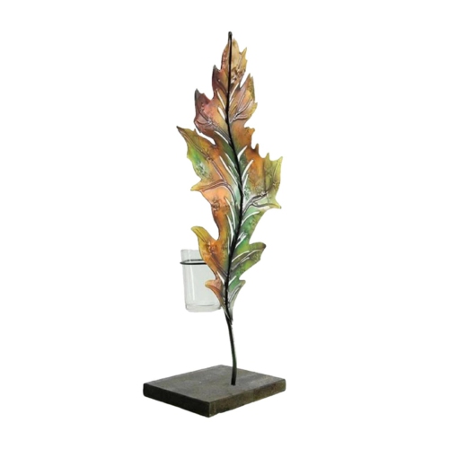 14" Green and Brown Autumn Harvest Leaf Votive Candle Holder