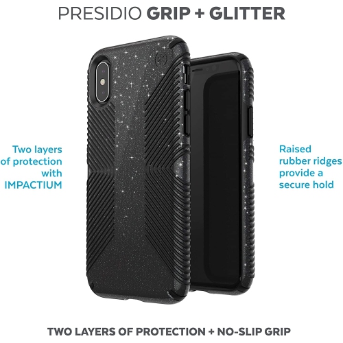 Presidio Grip + Glitter iPhone Xs/iPhone X Case, Obsidian Black with Silver Glitter/Black