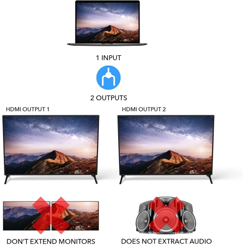 4K 1x2 HDMI Splitter - 1 Port to 2 HDMI Display Duplicate/Mirror - Powered Splitter Ver 1.4 Certified for Full HD