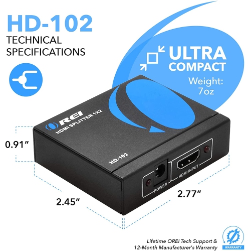 4K 1x2 HDMI Splitter - 1 Port to 2 HDMI Display Duplicate/Mirror - Powered Splitter Ver 1.4 Certified for Full HD