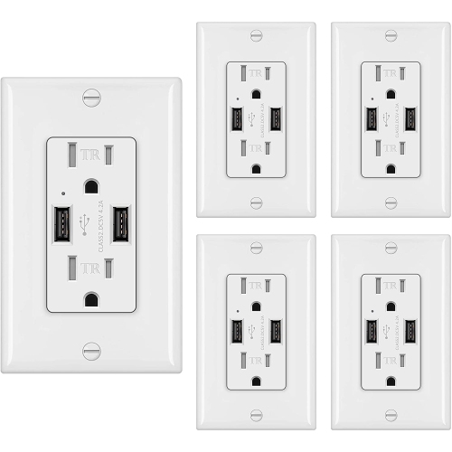 [5 Pack] 4.2A USB Receptacle, Dual USB Charging Ports and 2 Tamper-Resistant AC Outlets, Wallplate Included,