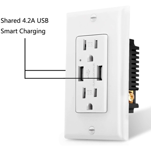 [5 Pack] 4.2A USB Receptacle, Dual USB Charging Ports and 2 Tamper-Resistant AC Outlets, Wallplate Included,