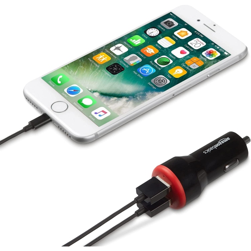 Adaptateur de chargeur pour l’auto à deux ports USB pour appareils Apple et Android, 4.8 a, 24 W, noir et rouge