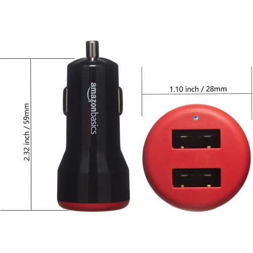 Adaptateur de chargeur pour l’auto à deux ports USB pour appareils Apple et Android, 4.8 a, 24 W, noir et rouge
