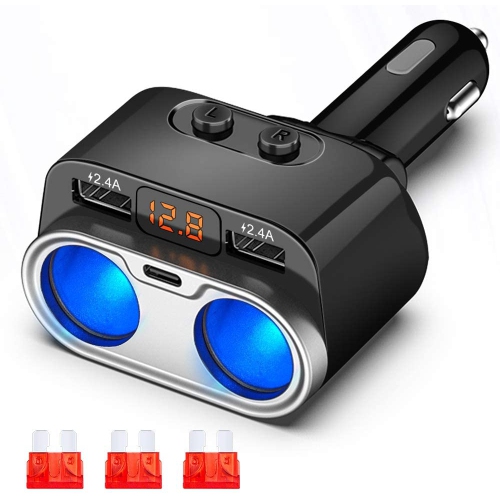 Car Cigarette Lighter Splitter Adapter USB C Car Charger, 12V 24V