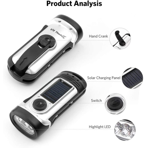 Lampe de poche solaire, lampe de poche rechargeable à manivelle, lampe de poche à DEL, étanche IPX6