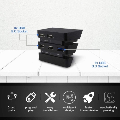 5-Port USB Hub for PS4 Pro, 2.0 & 3.0 Expansion Hub Controller Adapter for PS4 Playstation, Connected with Keyboard,