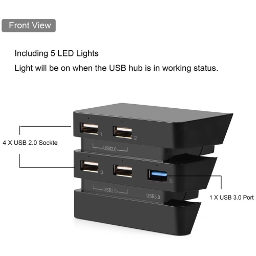 5-Port USB Hub for PS4 Pro, 2.0 & 3.0 Expansion Hub Controller Adapter for PS4 Playstation, Connected with Keyboard,