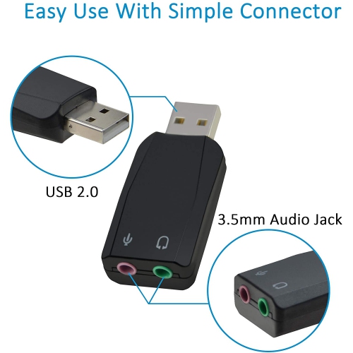 External USB 3D Stereo Audio Adapter with 3.5mm Speaker Headphone Microphone Jacks, USB Sound Card Driver-Free