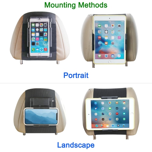 Car Headrest Mount Holder for Tablets and Phones with 5-10.5" Screens -Apple iPhone iPad Air Mini, Samsung