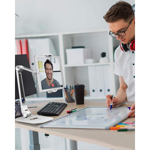 Tablet Stand, Long Arm Aluminum iPad Stand, Folding with 360° Swivel Phone Clamp Mount Holder, Fits 4-11 inch