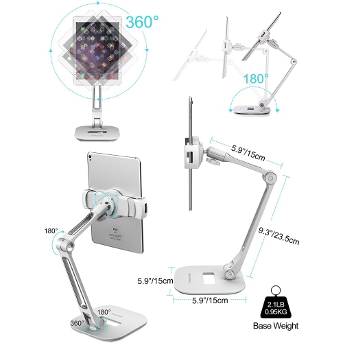 Tablet Stand, Long Arm Aluminum iPad Stand, Folding with 360° Swivel Phone Clamp Mount Holder, Fits 4-11 inch