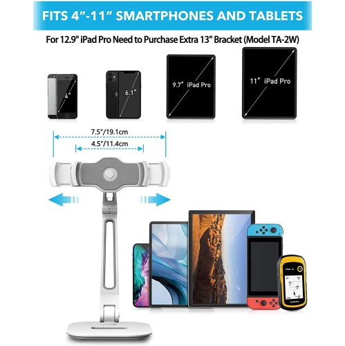 Tablet Stand, Long Arm Aluminum iPad Stand, Folding with 360° Swivel Phone Clamp Mount Holder, Fits 4-11 inch
