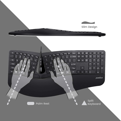 Periduo-505, Wired USB Ergonomic Split Keyboard and Vertical Mouse Combo with Adjustable Palm Rest and Short