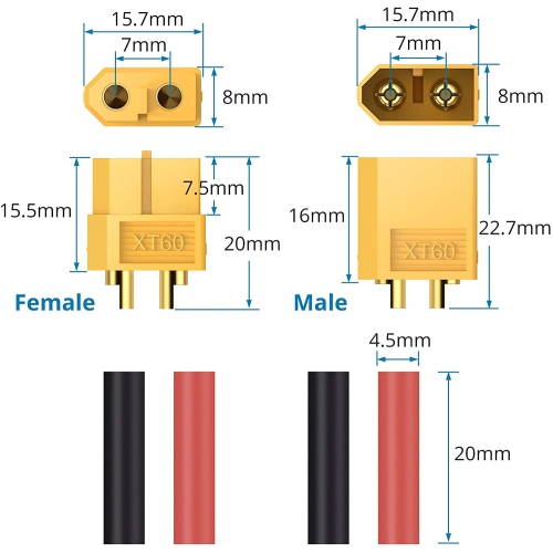 20 paires de 10 connecteurs cylindriques XT60 mâle et femelle, prises d’alimentation avec shink thermique pour batterie de voiture/bateau/LiPo