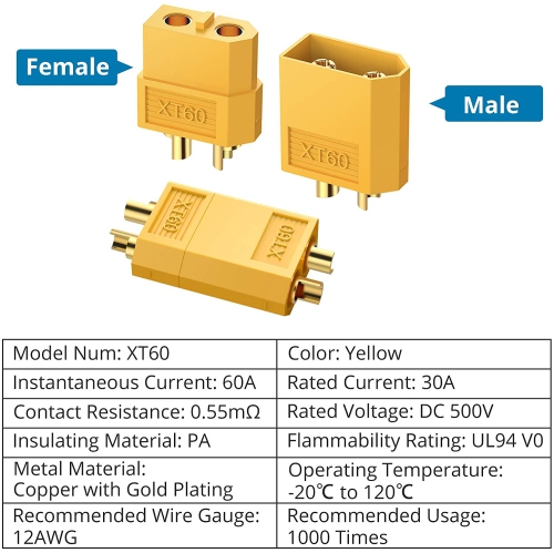 20 paires de 10 connecteurs cylindriques XT60 mâle et femelle, prises d’alimentation avec shink thermique pour batterie de voiture/bateau/LiPo