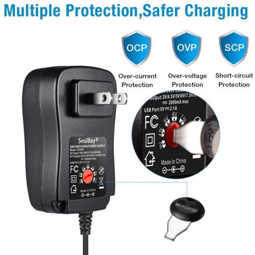 [Upgraded Version] 30W Universal AC/DC Adapter Switching Power Supply with 8 Selectable Adapter Tips, Including