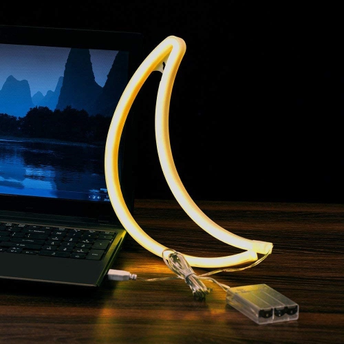 Warm White Moon Neon Light LED Moon Shaped Neon Sign Decor Light Wall Decor Battery/USB Operated Neon Wall Light