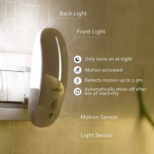 Motion Sensor Night Light, Eye Friendly design Front Low Light and Brighter Back Light nightlights for Bathroom,