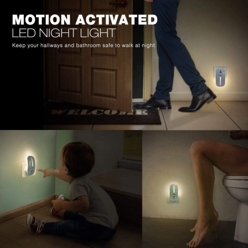 Motion Sensor Night Light, Eye Friendly design Front Low Light and Brighter Back Light nightlights for Bathroom,