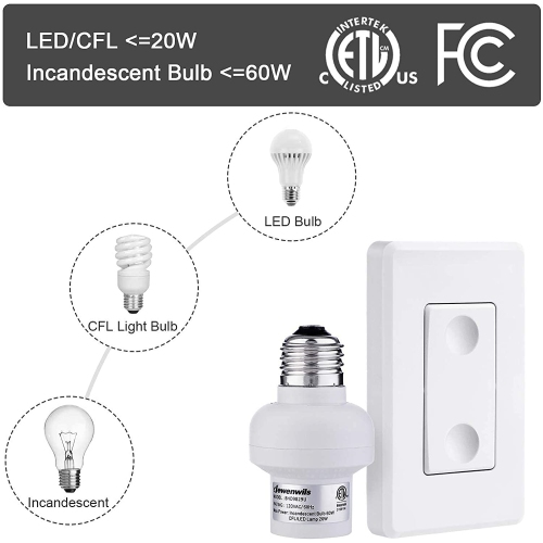 Remote Control Light Lamp Socket E26 E27 Bulb Base Adapter, No Wiring, Wall Mounted Wireless Controlled
