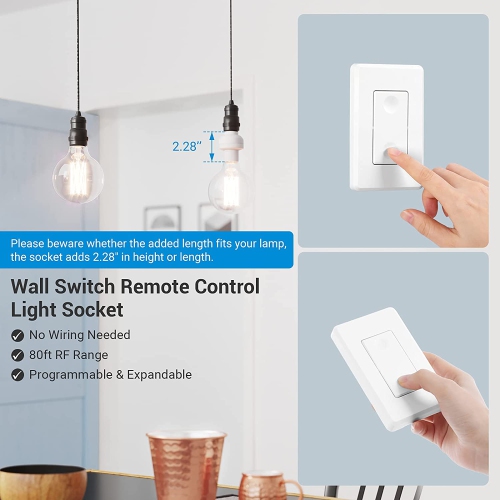 Remote Control Light Lamp Socket E26 E27 Bulb Base Adapter, No Wiring, Wall Mounted Wireless Controlled