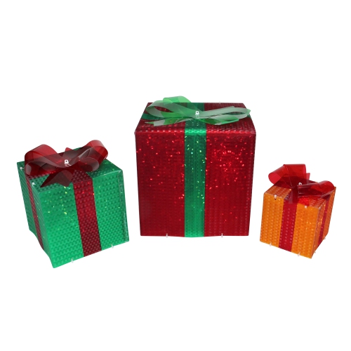 NORTHLIGHT  Set Of 3 Lighted Glistening Gift Box And Bow Outdoor Christmas Decoration